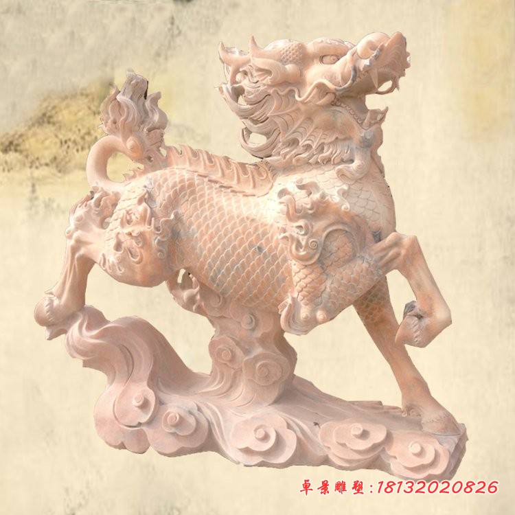脚踏祥云的麒麟石雕，晚霞红门口麒麟雕塑 