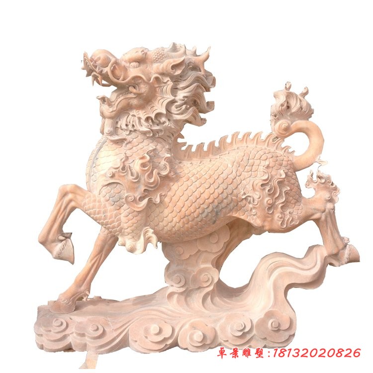 脚踏祥云的麒麟石雕，晚霞红古代神兽石雕