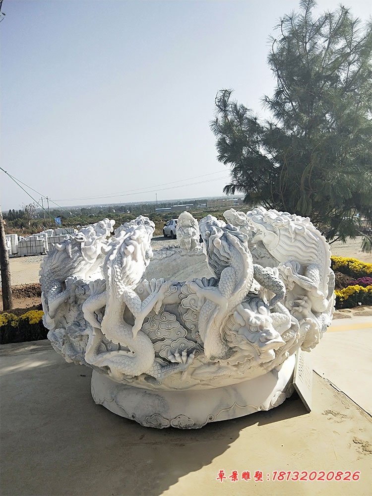 九龙浮雕水缸，汉白玉圆形水缸石雕 