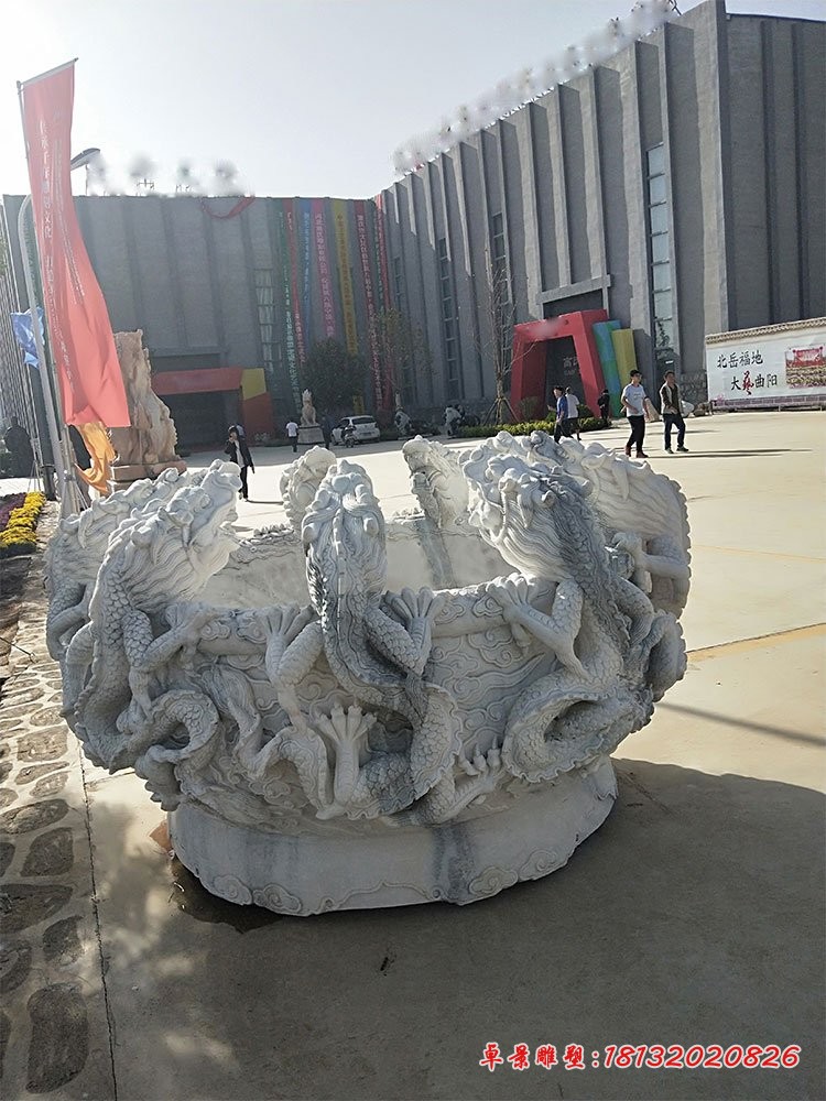 九龙浮雕水缸，汉白玉圆形水缸石雕 