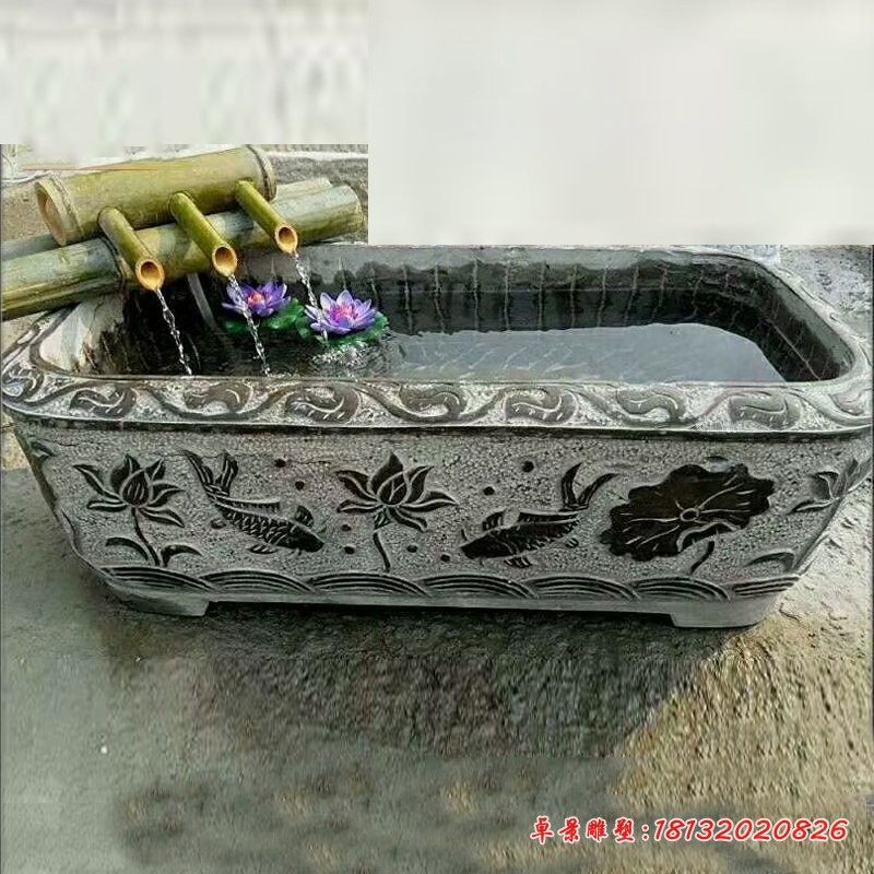 鲤鱼荷花浮雕水缸，公园方形水缸石雕
