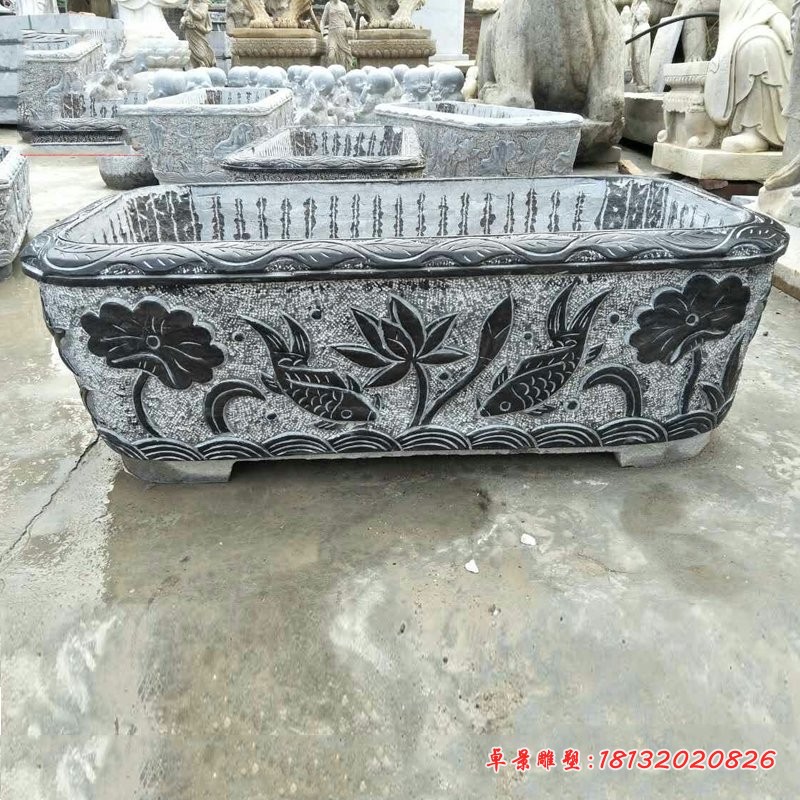 鲤鱼荷花浮雕水缸，公园方形水缸石雕