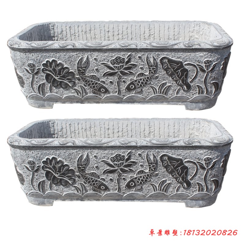 鲤鱼荷花浮雕水缸，公园方形水缸石雕 