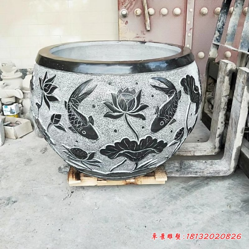 连年有余浮雕荷花缸，仿古圆形水缸石雕