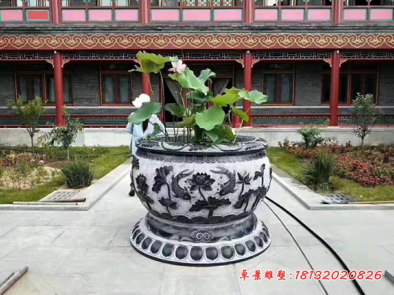 连年有余浮雕荷花缸，仿古圆形水缸石雕