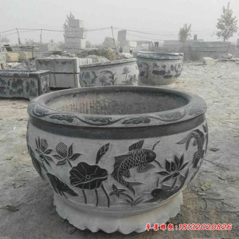 连年有余浮雕荷花缸，仿古圆形水缸石雕 