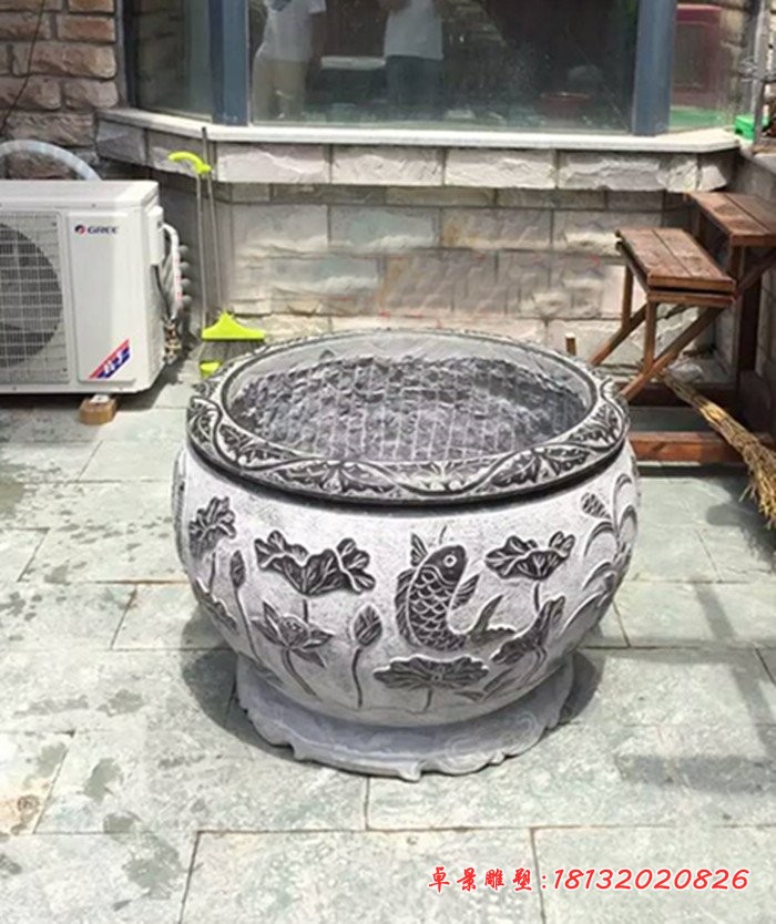 连年有余浮雕荷花缸，仿古圆形水缸石雕 