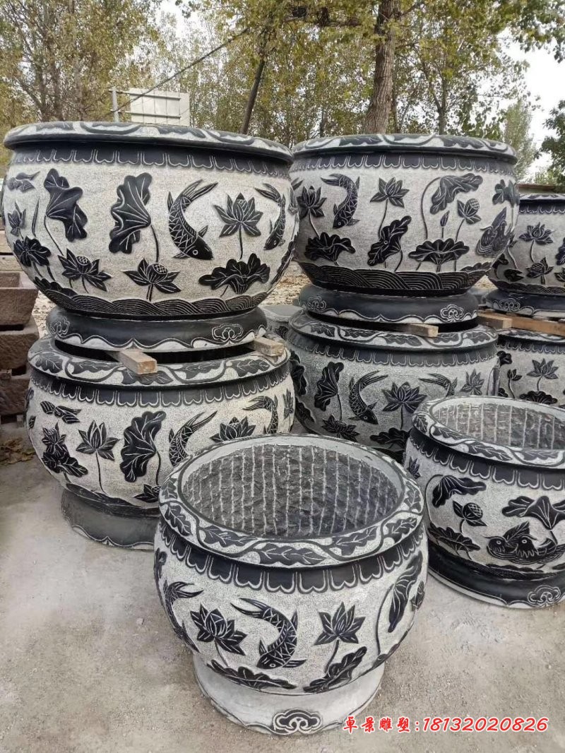 连年有余浮雕荷花缸，仿古圆形水缸石雕 