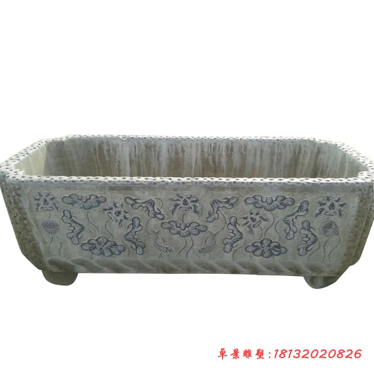 连年有余浮雕石水缸 庭院方形荷花缸石雕