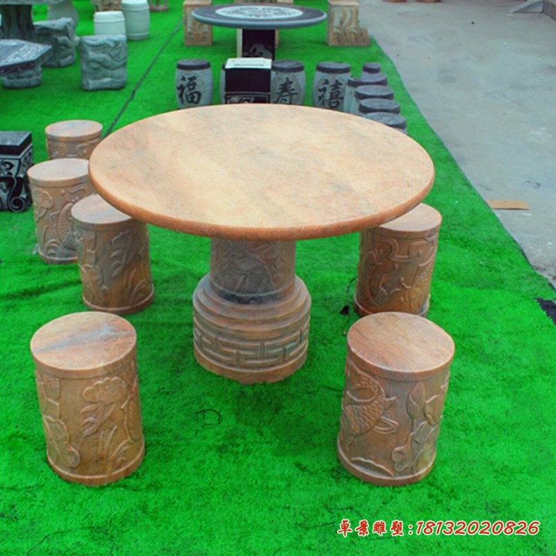 连年有余浮雕桌凳 晚霞红圆形桌凳石雕