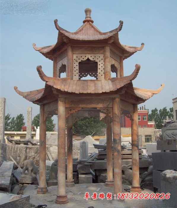 六角双层凉亭石雕的晚霞红公园石亭子