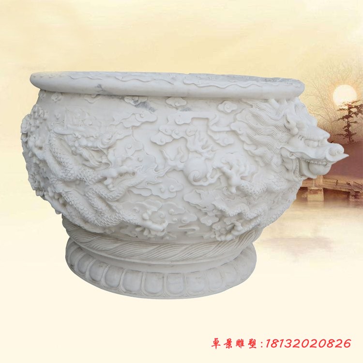 龙浮雕水缸公园汉白玉荷花缸石雕