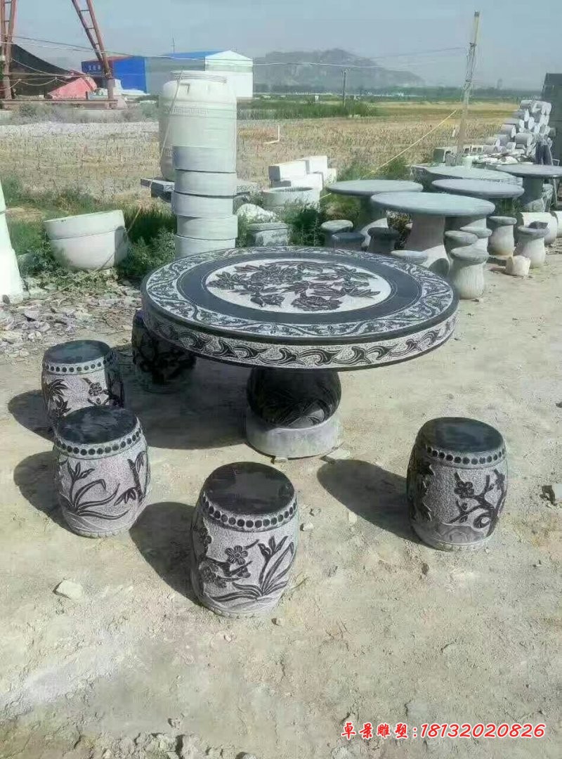梅兰竹菊浮雕桌凳，庭院青石圆桌凳石雕