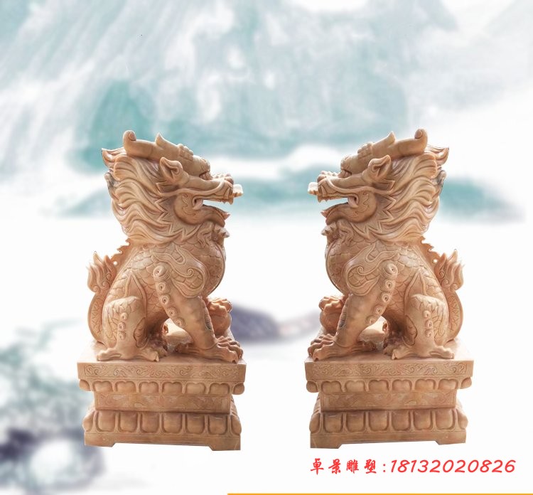 门口镇宅麒麟石雕 坐式晚霞红麒麟雕塑