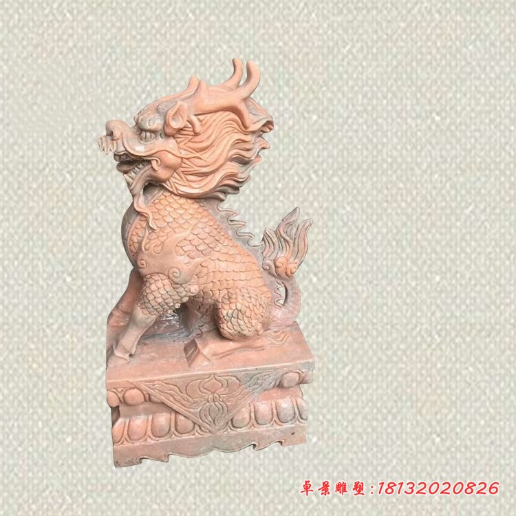 门口镇宅麒麟石雕，晚霞红坐式麒麟石雕