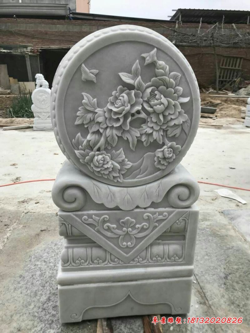 牡丹花浮雕门墩汉白玉招财门墩石雕