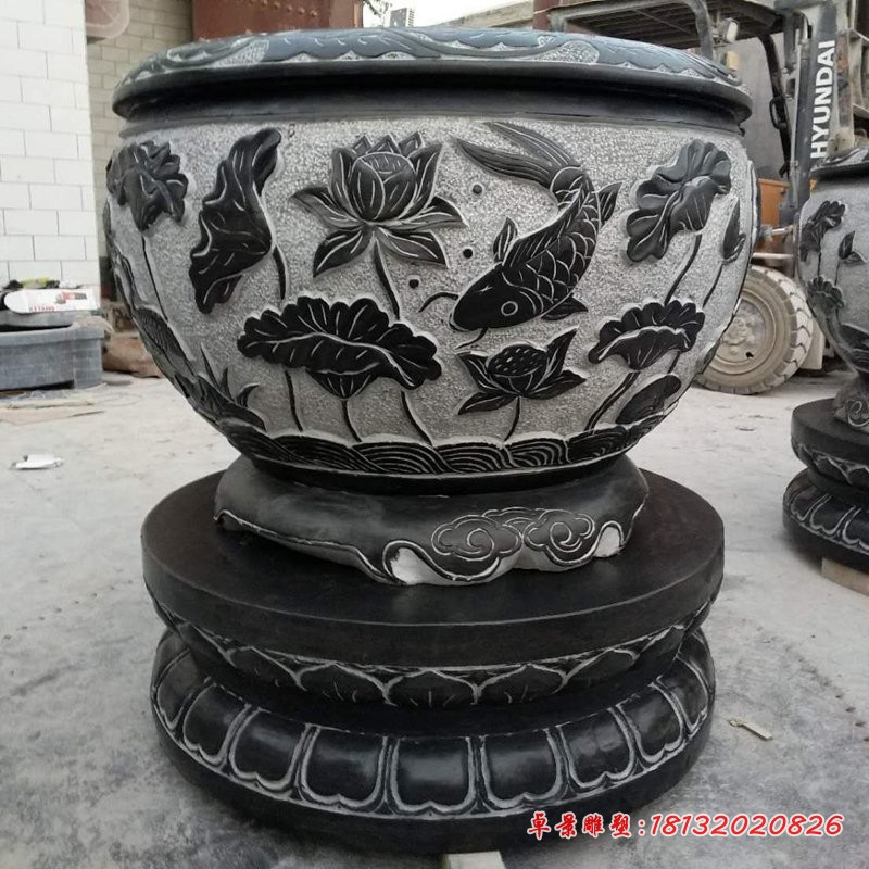 青石仿古连年有余荷花缸公园圆形水缸石雕 