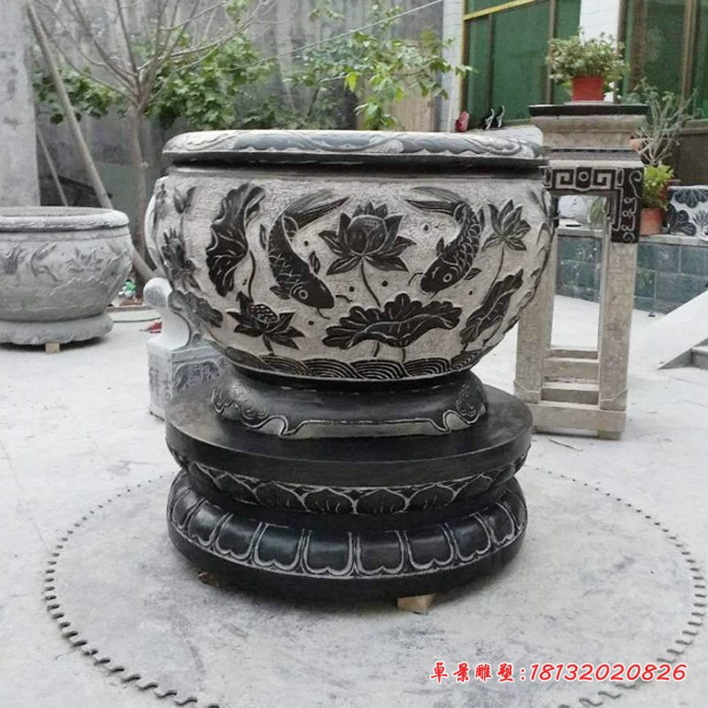 青石仿古连年有余荷花缸公园圆形水缸石雕
