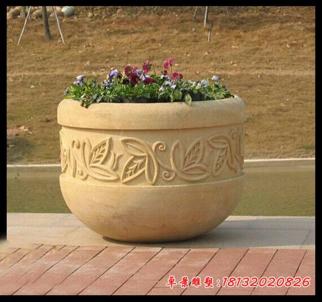 砂岩花钵石雕，公园石雕花盆