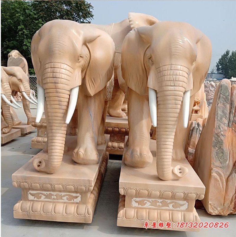 石雕吉祥如意大象门口晚霞红大象雕塑 