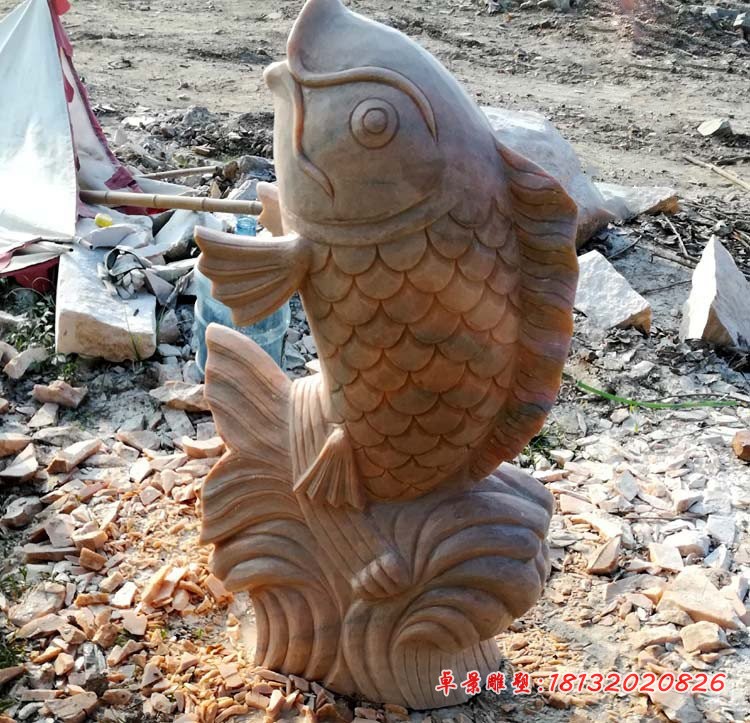 石雕鲤鱼 晚霞红喷水鲤鱼石雕 