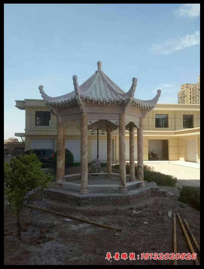 晚霞红八角凉亭石雕，别墅凉亭石雕