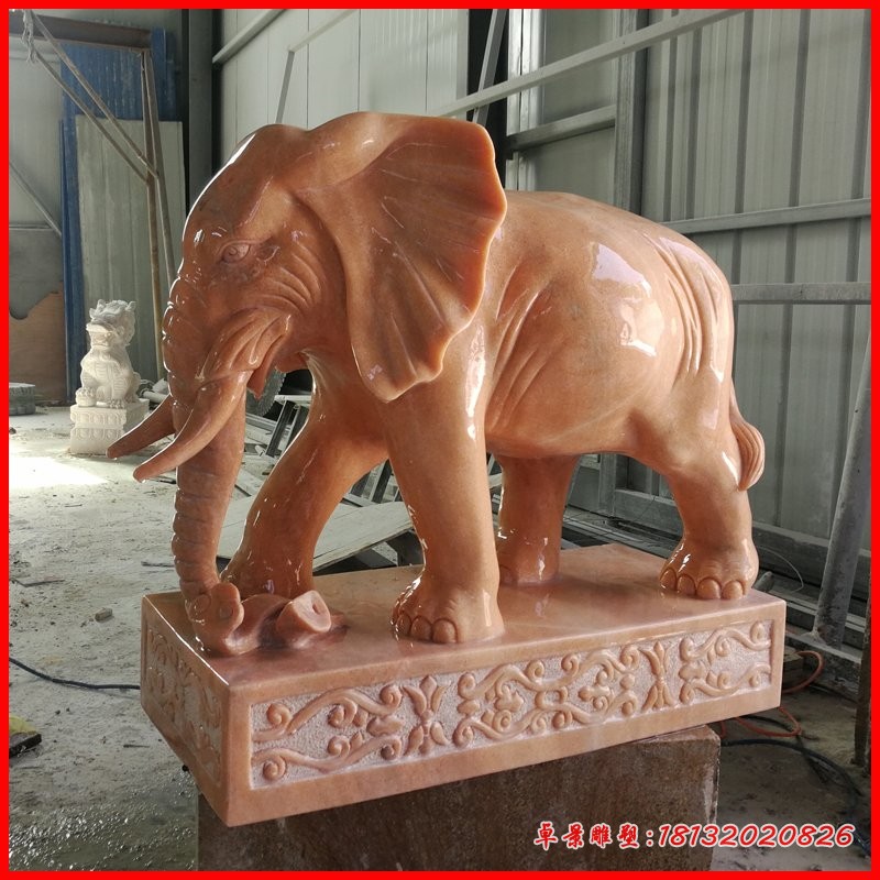 晚霞红鼻卷如意大象石雕企业门口镇宅招财大象雕塑