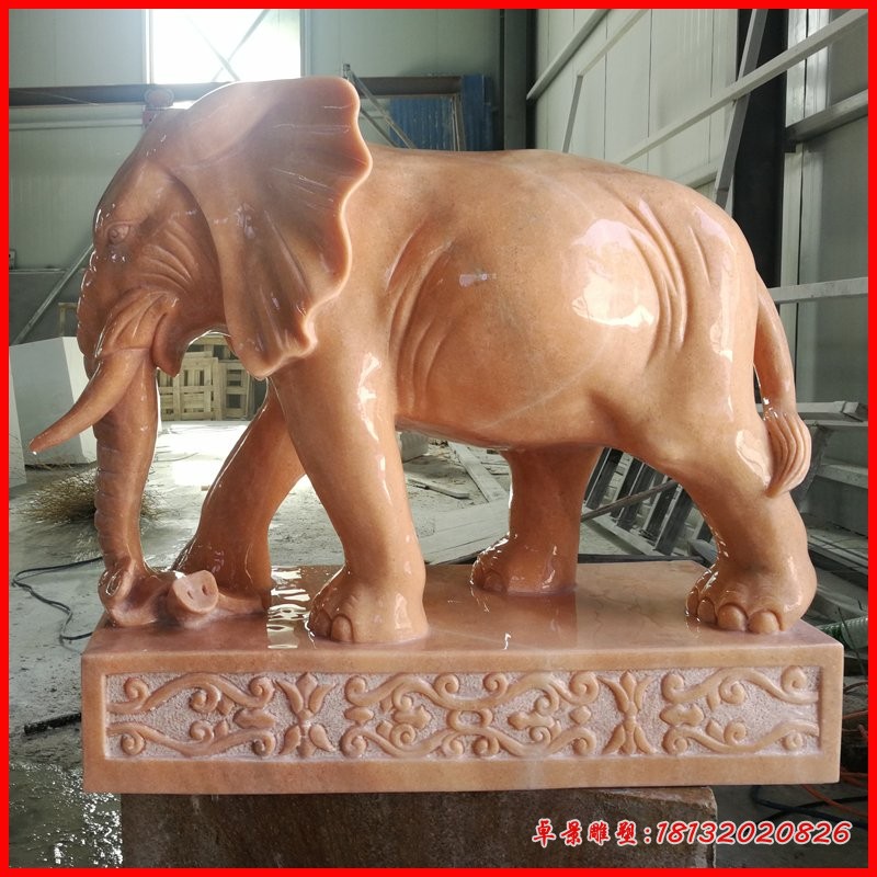 晚霞红鼻卷如意大象石雕企业门口镇宅招财大象雕塑 