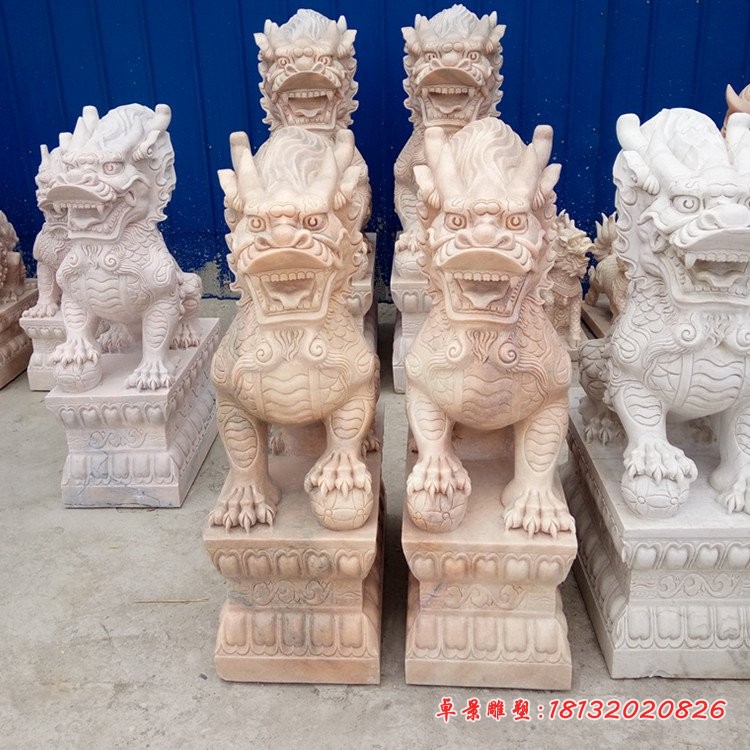 晚霞红踩球麒麟石雕门口镇宅石雕麒麟