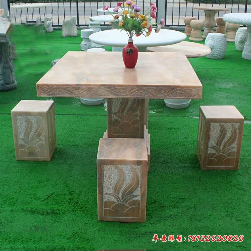 晚霞红方形桌凳，庭院石雕桌凳
