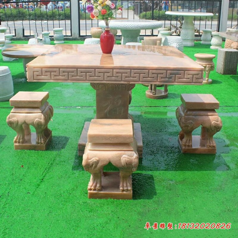晚霞红方形桌凳，庭院石雕桌凳 