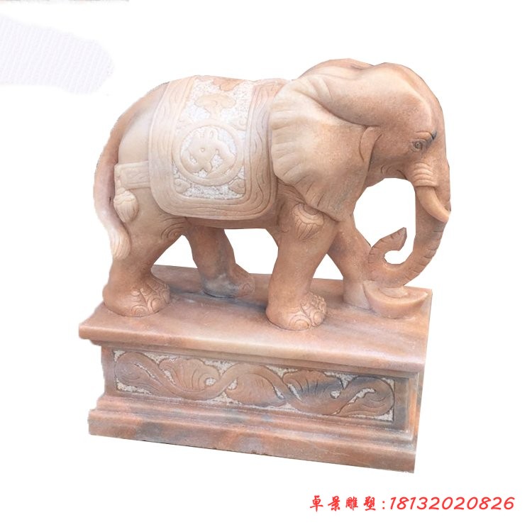 晚霞红吉祥如意大象石雕，酒店门口招财镇宅大象
