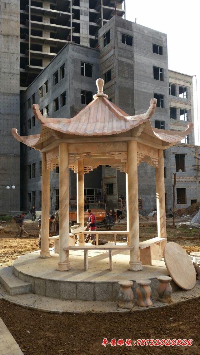 晚霞红六角凉亭石雕 小区石雕凉亭