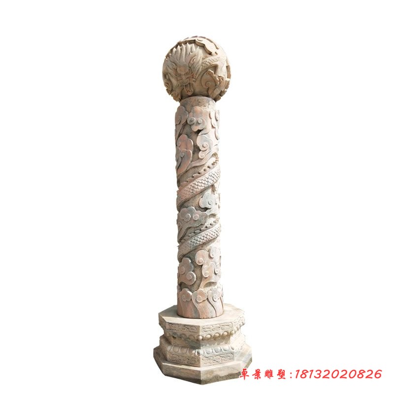 晚霞红龙柱雕塑，广场盘龙柱石雕 