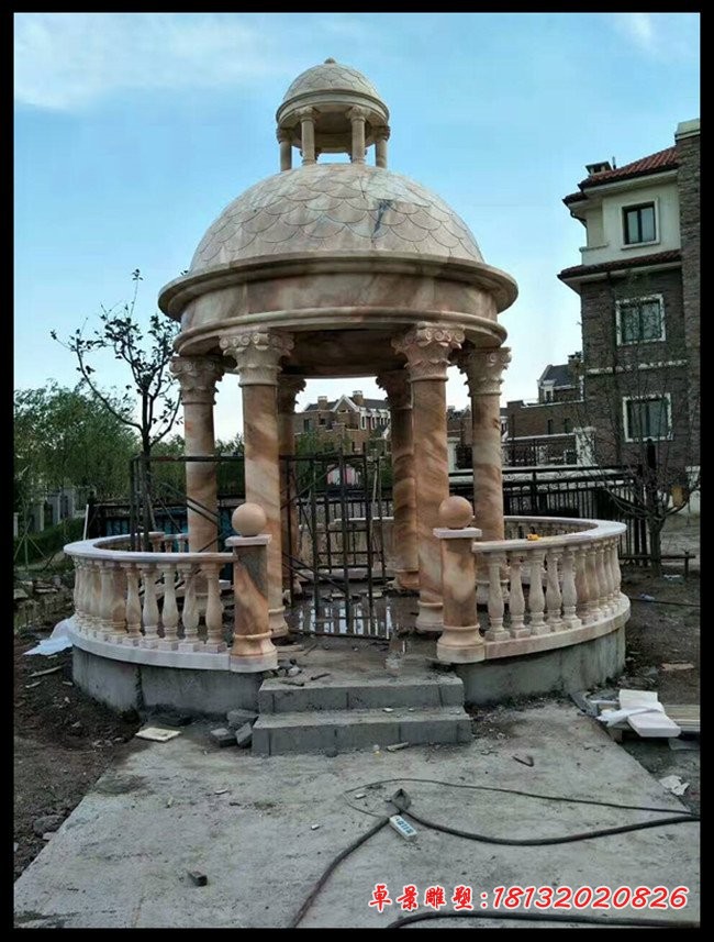 晚霞红欧式凉亭石雕，别墅凉亭石雕