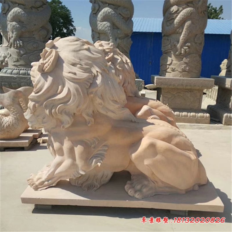 晚霞红欧式狮子石雕，门口西洋狮子石雕 