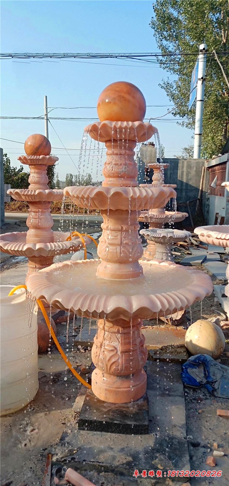 晚霞红三层风水球喷泉，公园石雕喷泉