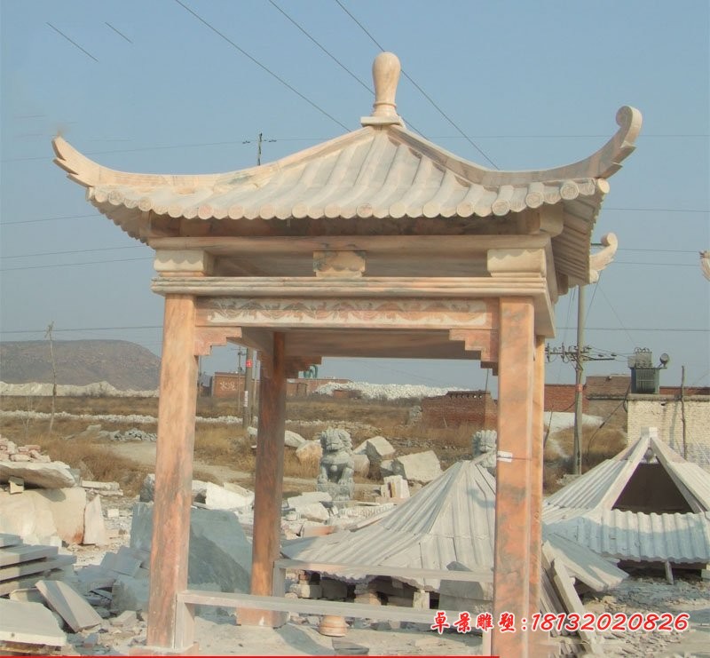 晚霞红四角凉亭石雕，园林凉亭石雕