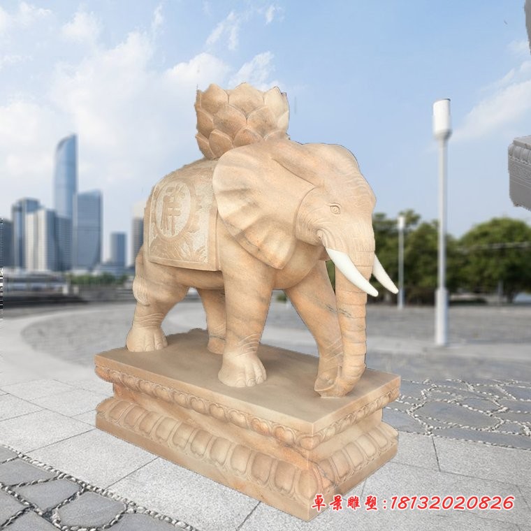 晚霞红驮莲座的大象石雕寺庙门口大象石雕
