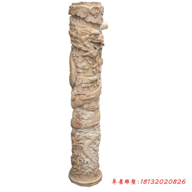 晚霞红小型龙柱雕塑，公园文化柱石雕