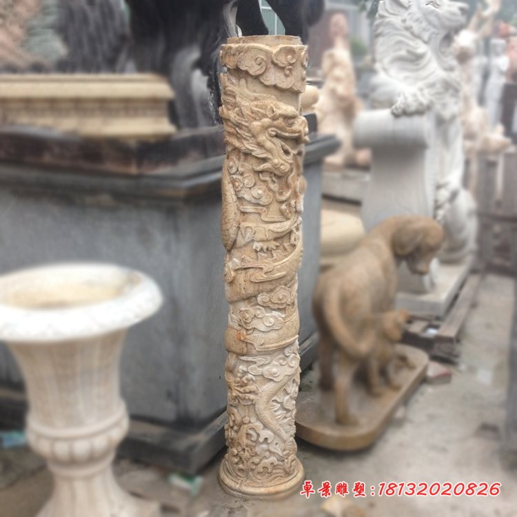 晚霞红小型龙柱雕塑，公园文化柱石雕