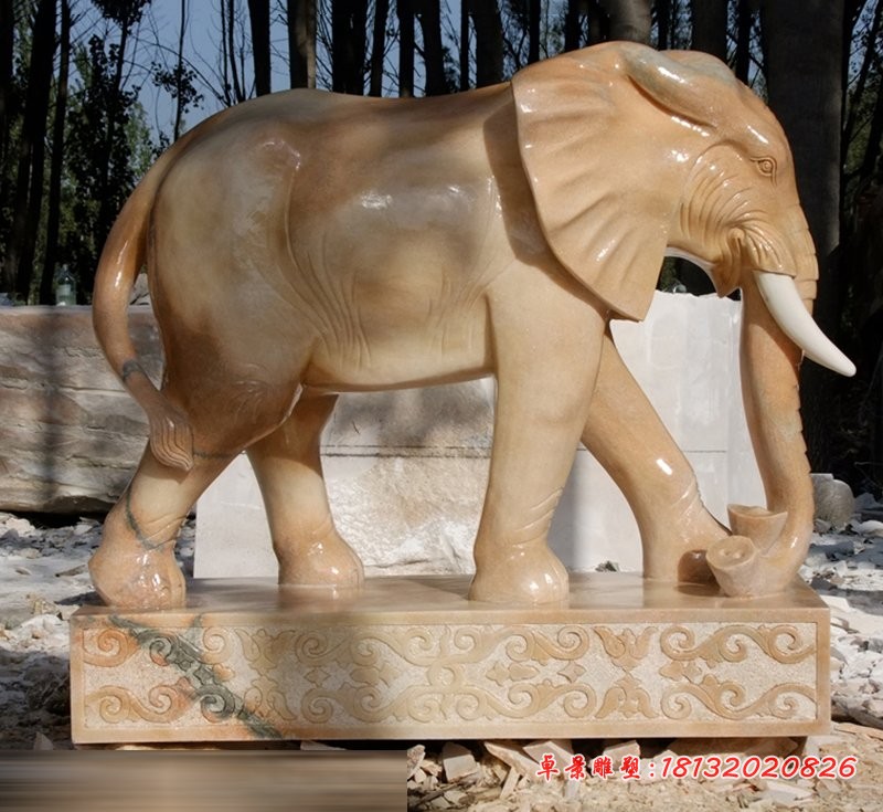 晚霞红元宝大象石雕门口招财进宝石雕大象