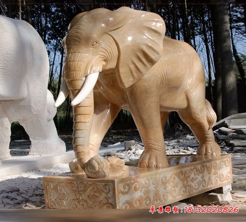 晚霞红元宝大象石雕门口招财进宝石雕大象