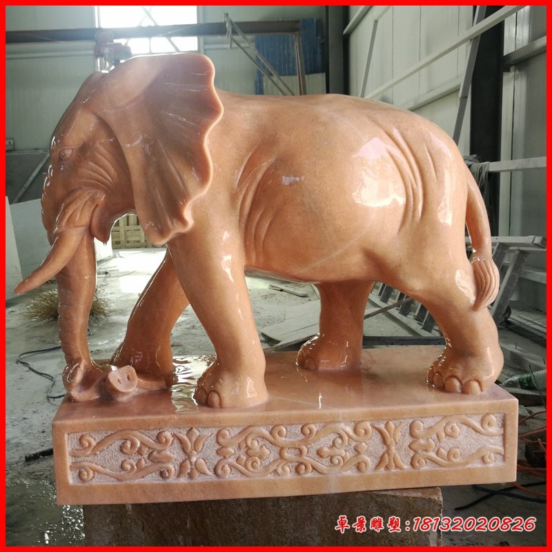 晚霞红元宝大象石雕门口招财进宝石雕大象