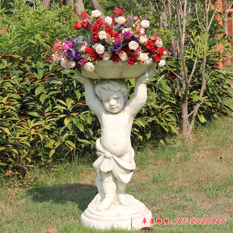 西方小男孩花盆石雕小区汉白玉花盆石雕