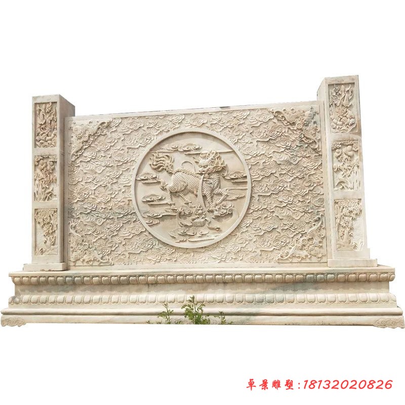 祥云麒麟浮雕影壁，晚霞红影壁石雕