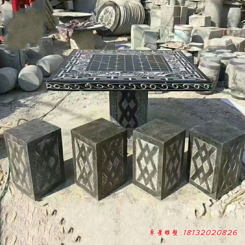 象棋棋盘浮雕桌凳，公园方形桌凳石雕