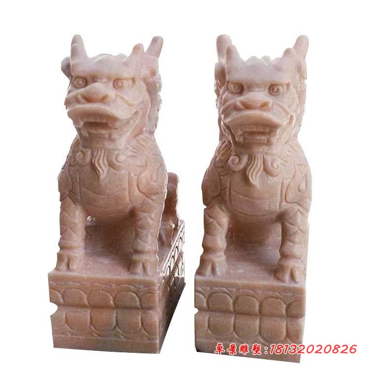 招财镇宅坐式麒麟石雕 晚霞红麒麟雕塑