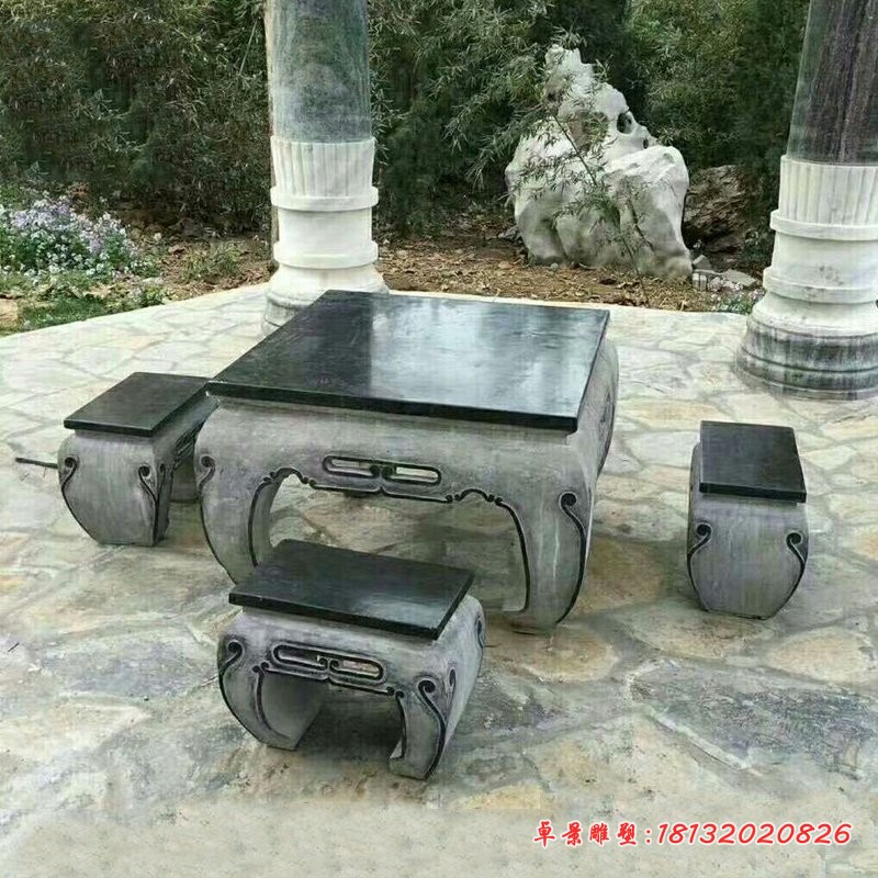中国黑方形桌凳石雕，庭院石雕桌凳