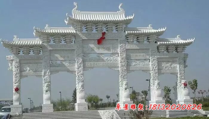 汉白玉石牌坊，五门牌坊石雕